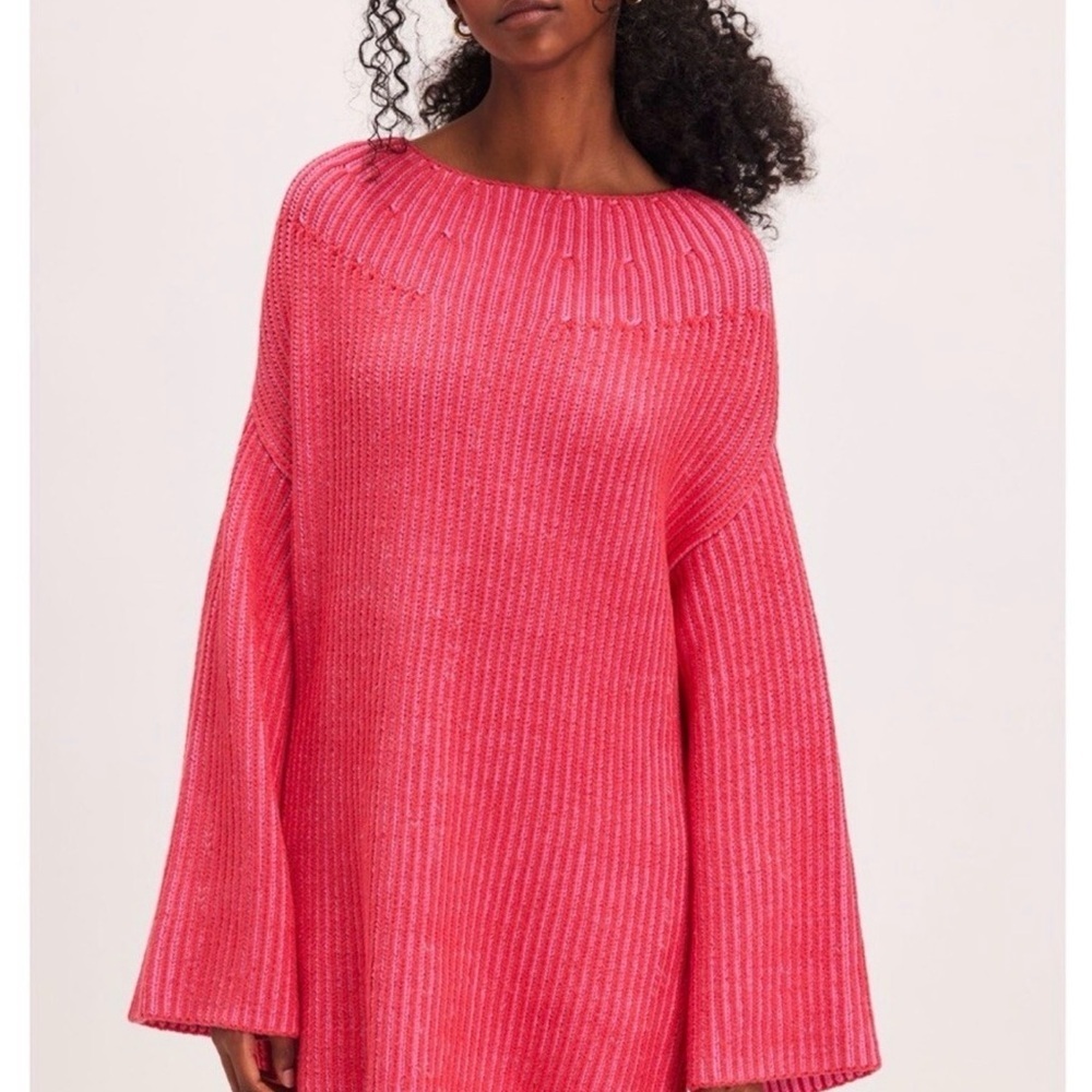 Free People Hot Pink Ribbed Off-Shoulder Sweater